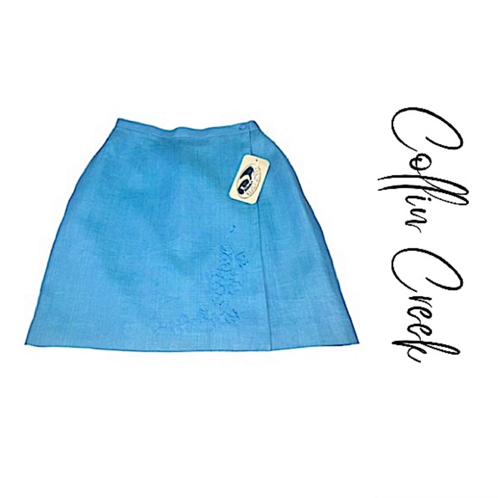 Collin Creek Vintage 100% Linen Embroidered Blue Green Mini Skirt Size 6 NWT!